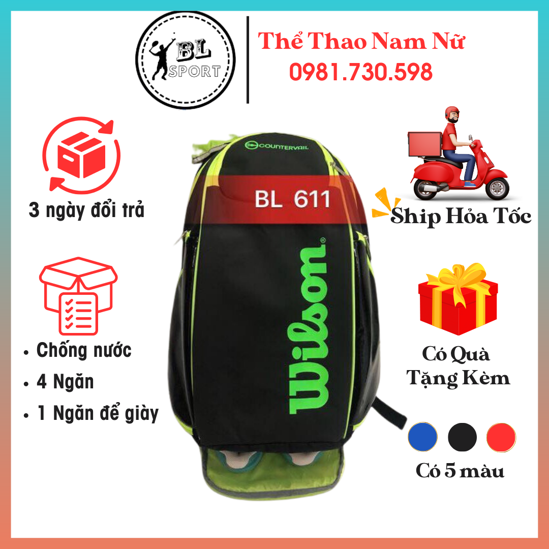 Balo Tennis Thể thao Wilson, Túi Thể thao có ngăn để giày hàng SG Cao Cấp, Chống nước, khóa kéo chắc chắn, rộng rãi, đẹp
