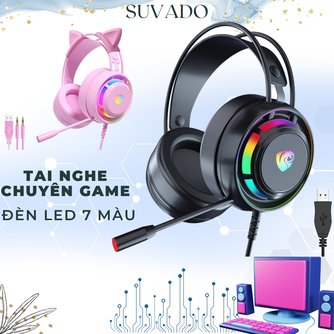Tai nghe chụp tai gaming giả lập 7.1 đèn Led rgb có micro chuyên game cho máy tính PC laptop PSH300 SUVADO