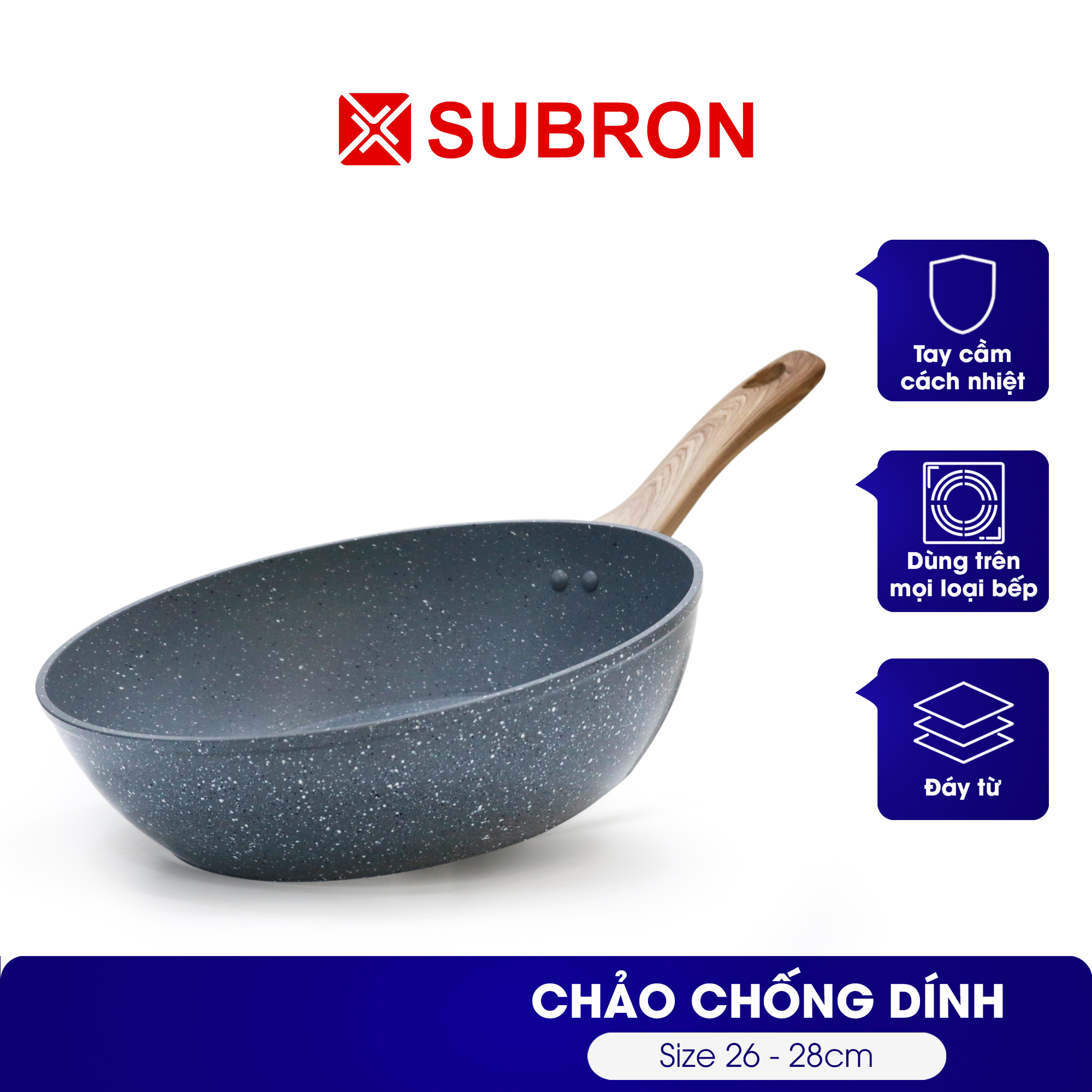 Chảo Đáy Từ Chống Dính SUBRON, Chảo Vân Đá Có Tay Cầm Cách Nhiệt TX-24/ 26/ 28