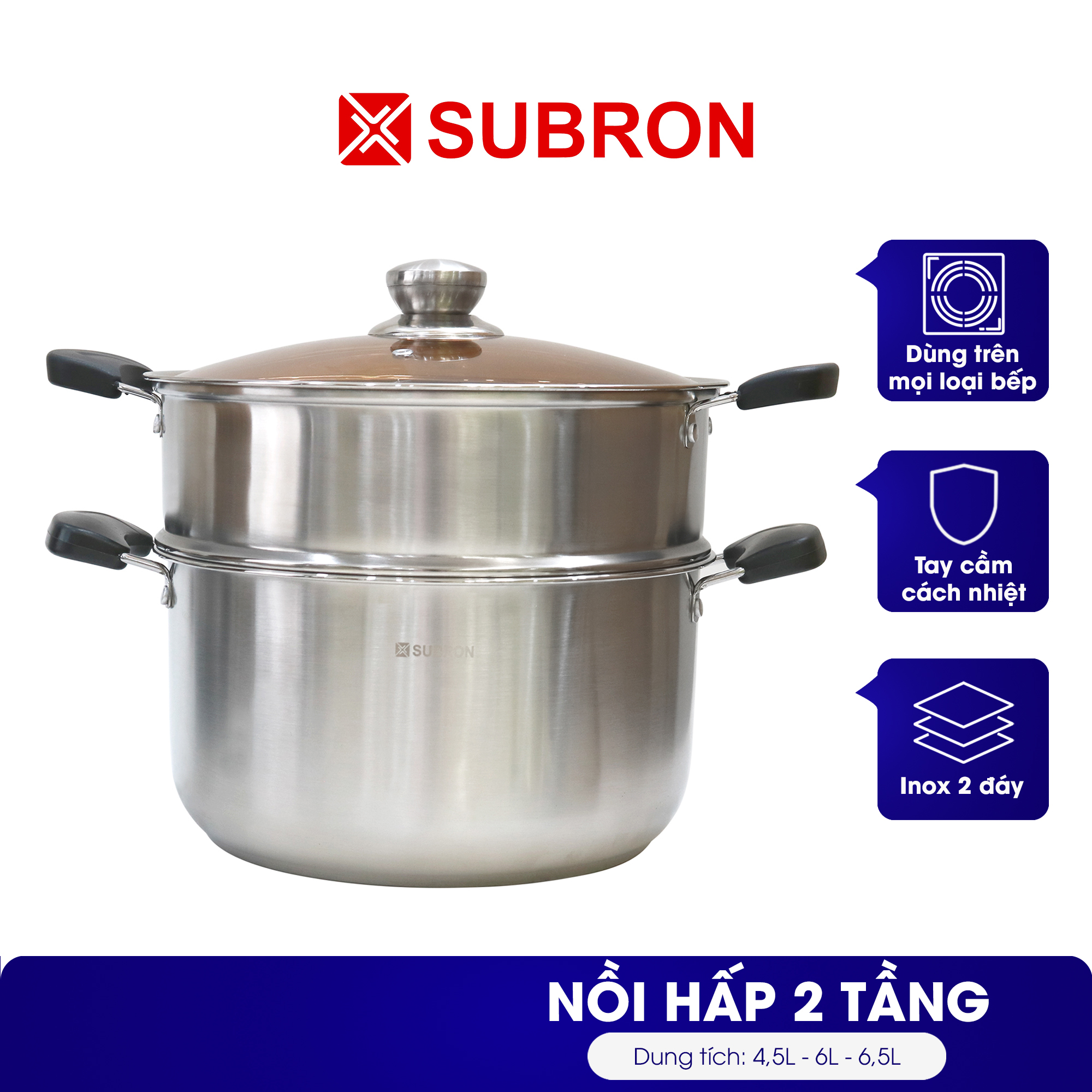 Mua Bộ nồi xửng hấp inox 2 đáy nắp kính SUBRON 3 kích thước 22/ 24/ 26 ...