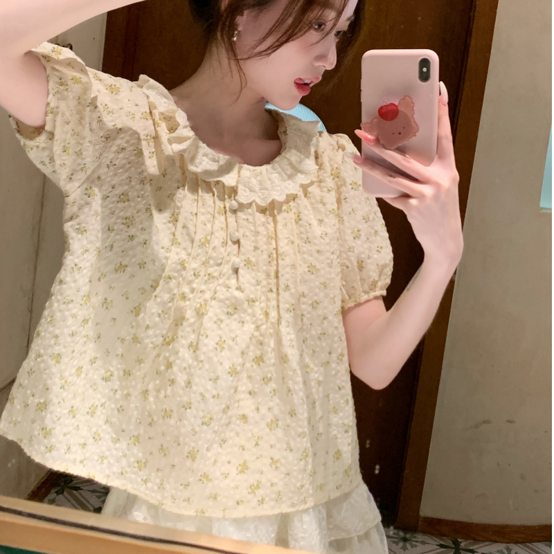 Áo sơ mi nữ cổ viền búp bê hoa nhí dễ thương, sơ mi nữ kiểu tay ngắn cổ búp bê phong cách Hàn Quốc 9552