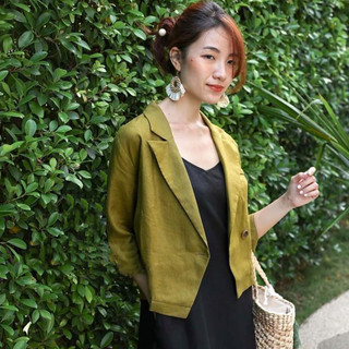 Áo blaze nữ dáng lửng tay lỡ 2 khuy SLINEN, chất vải Linen Bột Premium. form áo vest lửng trẻ trung.