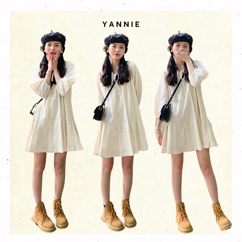 Váy đầm babydoll trắng ren thô tay lửng phồng nơ ngực phong cách Hàn Quốc Yannie