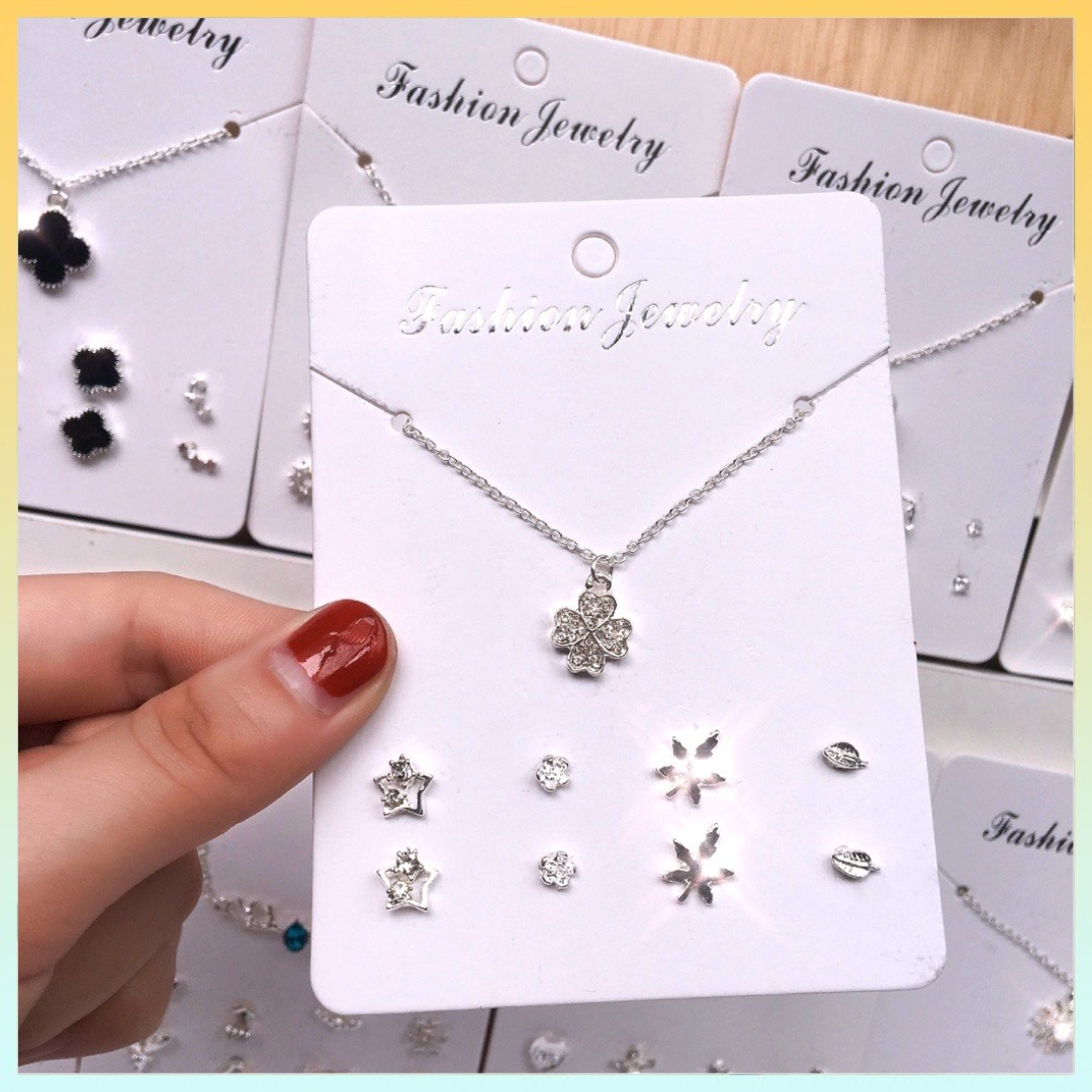 [L2M] SET 5 MÓN gồm dây chuyền mặt CỎ BỐN LÁ và 4 cặp bông tai thời trang phong cách Hàn Quốc sang trọng may mắn