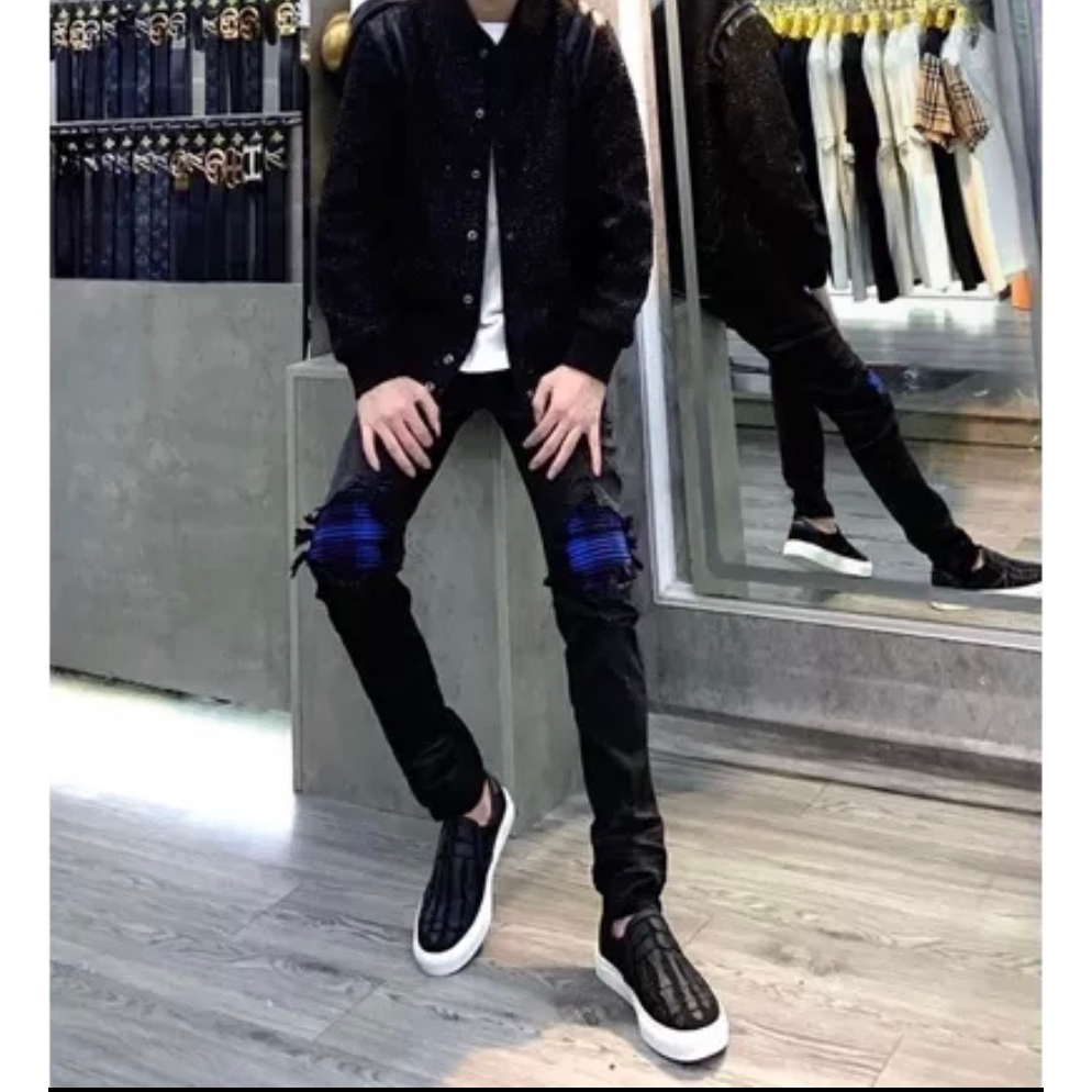 Quần jean nam cao cấp jeans AMIRI vá xanh vải dày đẹp chất lượng như hình