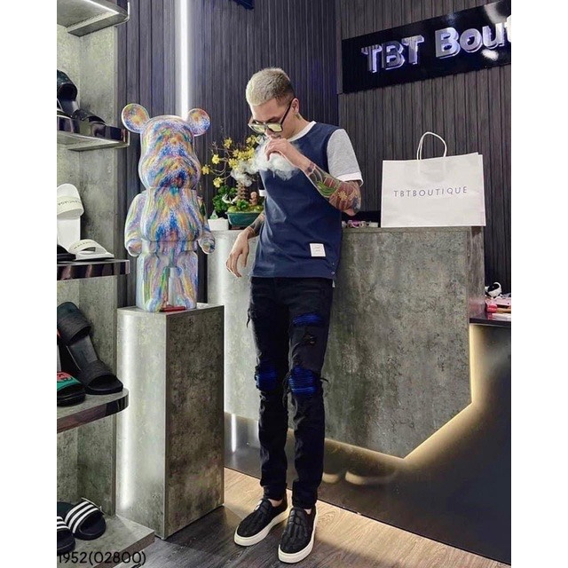 Quần jean nam cao cấp jeans AMIRI vá xanh vải dày đẹp chất lượng như hình