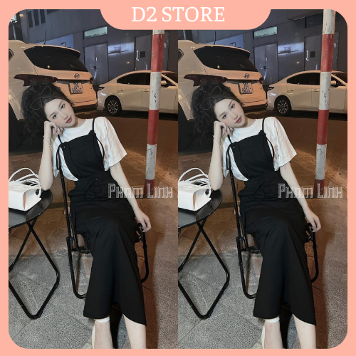 Set Váy Yếm Vải Rút Dây Eo Túi Hộp Váy Yếm Dáng Dài Mix Áo Phông Trắng Hottrend Freesize