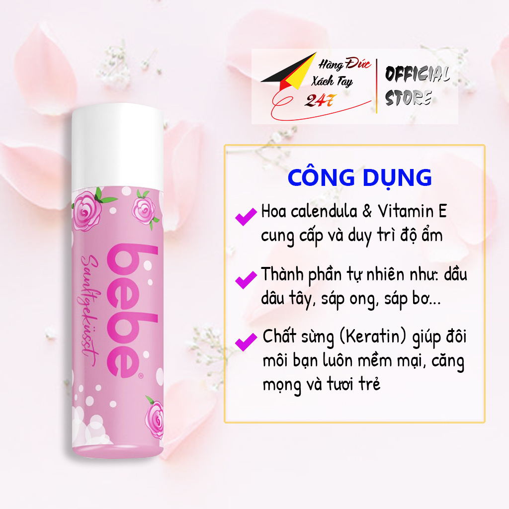 Son dưỡng không màu dưỡng ẩm môi Bebe Zart Rose, Vitamin E giúp mềm mại, căng mọng môi 4,9g