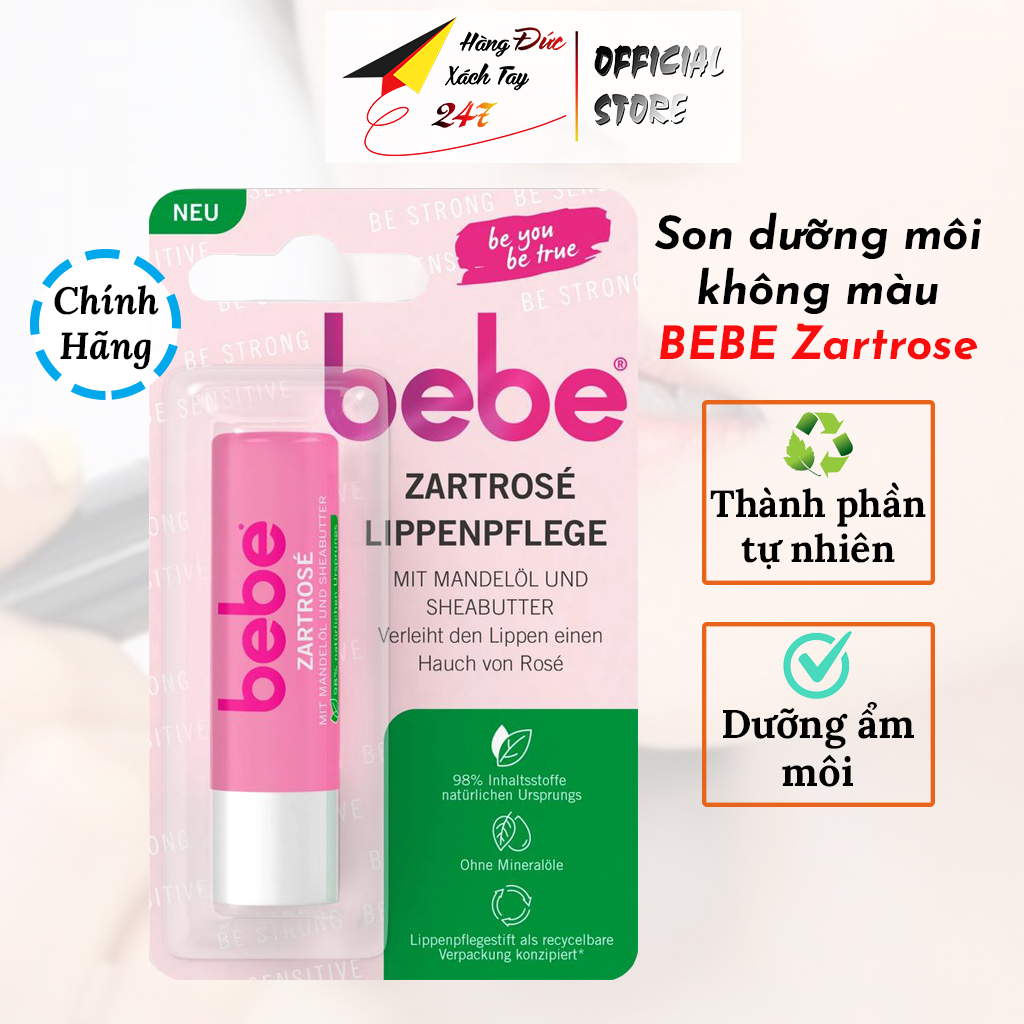 Son dưỡng không màu dưỡng ẩm môi Bebe Zart Rose, Vitamin E giúp mềm mại, căng mọng môi 4,9g