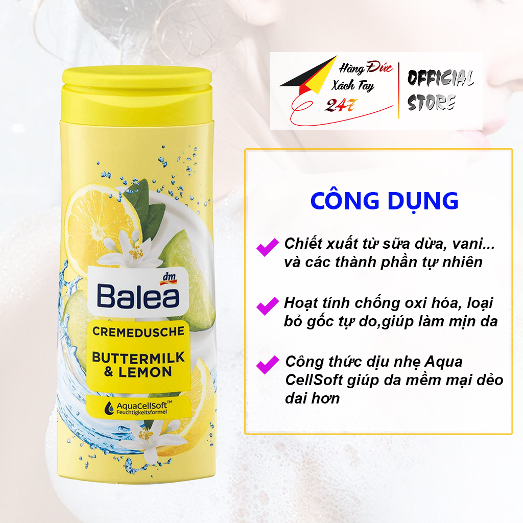 Sữa tắm trắng da, sữa tắm dưỡng ẩm toàn thân BALEA chiết xuất từ thiên nhiên giúp mềm mịn da