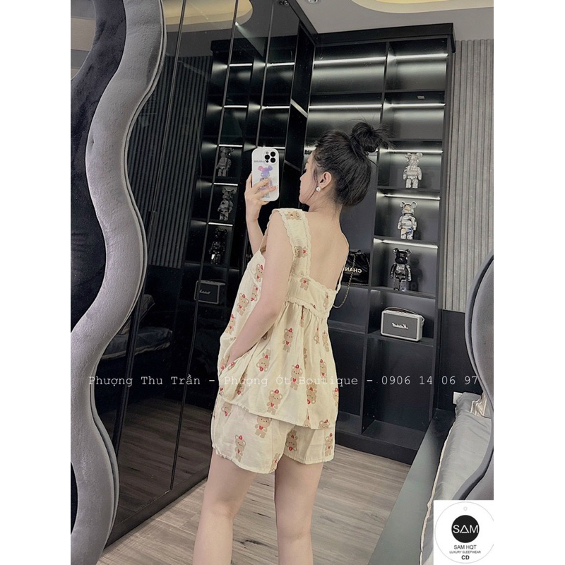 Bộ Hai Dây Viền Ren Mặc Nhà Chất Đũi Xước Siêu Mát Mã TO144