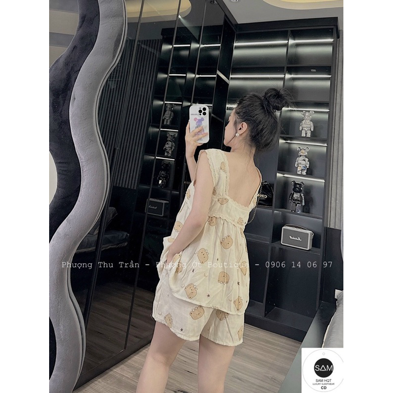 Bộ Hai Dây Viền Ren Mặc Nhà Chất Đũi Xước Siêu Mát Mã TO144