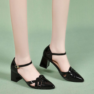 Giày nữ cao gót 7 phân gót vuông kín gót mẫu dây quai đan bít mũi, HS01 Thời trang Xịn
