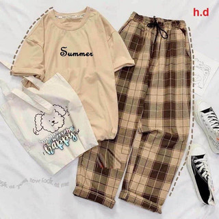 Sét Đồ Nữ Đẹp YEGO Fashion Mùa Hè Mặc Đi Chơi, Áo Cotton In Chữ Summer Kèm Quần Ống Rộng Kẻ
