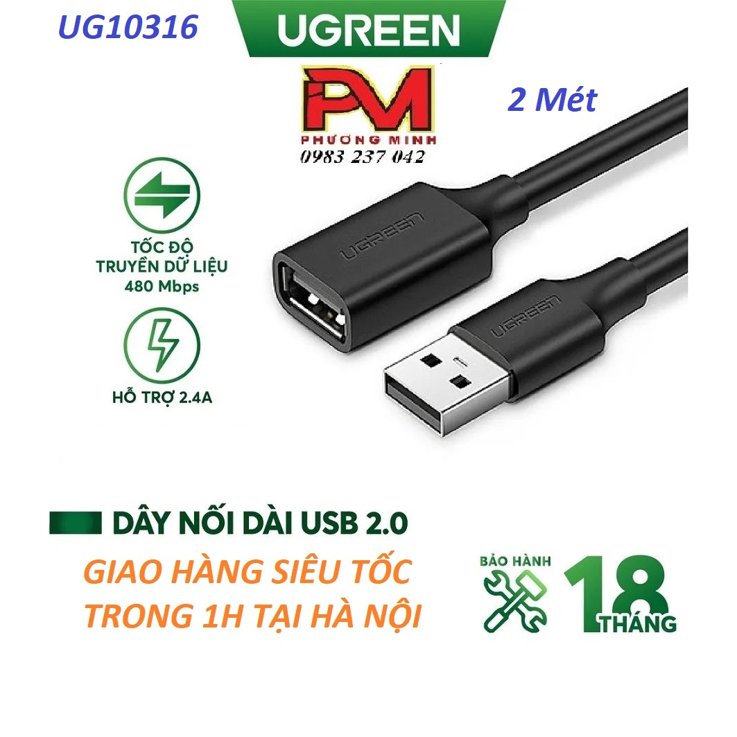 Dây nối dài USB 2.0 (1 đầu đực, 1 đầu cái) dài 2m UGREEN US103 10316 - Bảo hành Chính Hãng