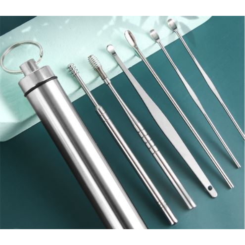 Bộ ngoáy tai inox 6 món - bộ dụng cụ lấy ráy tai có đèn thép không rỉ an toàn cho bé và gia đình