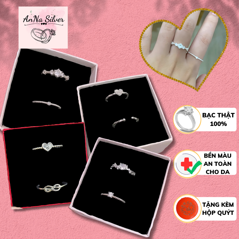 Nhẫn bạc nữ bạc 925 không gỉ, combo 2 chiếc nhẫn bạc thời trang AnNa Silver