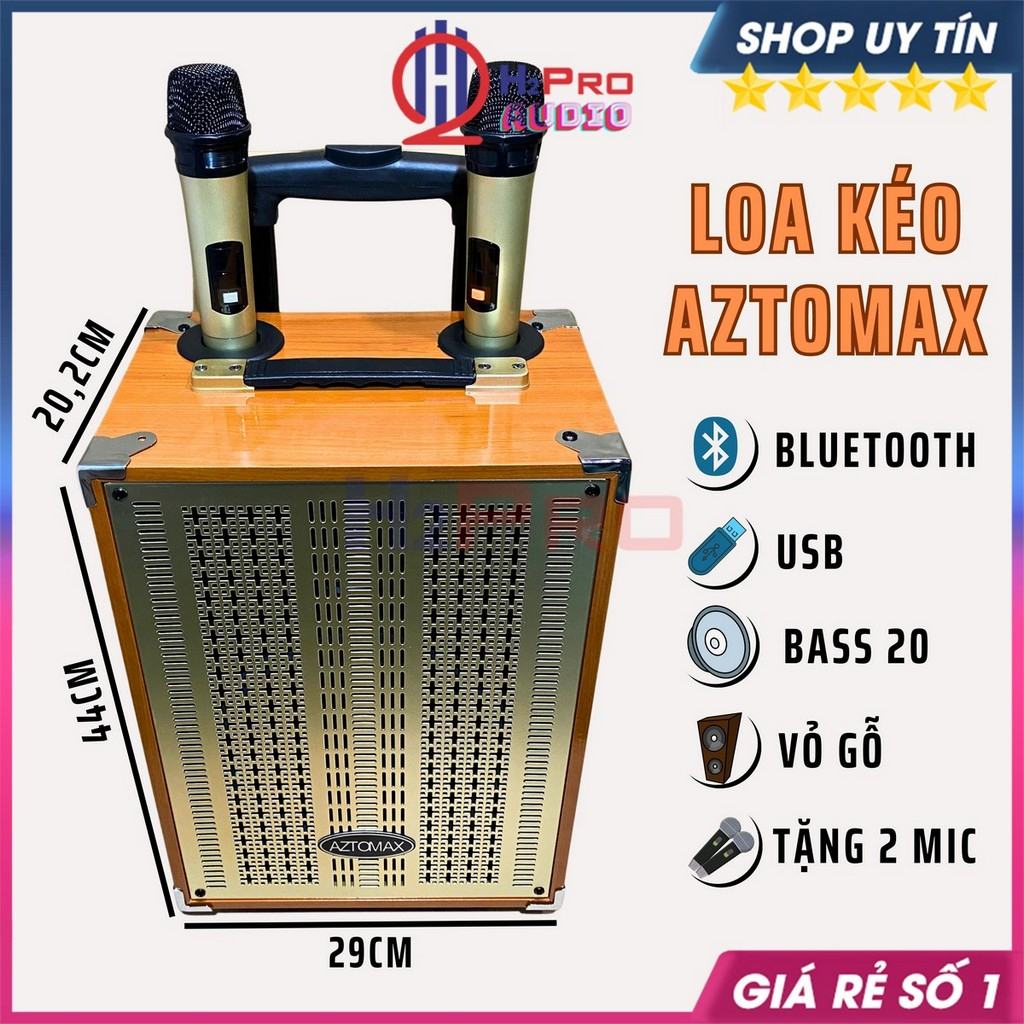 Loa Kéo Karaoke Aztomax Az-202 Bass 20 Bluetooth, Có Màn Hình, Công Suất Lớn, Bass Ấm-Lời Sáng, Tặng 2 Mic-H2Pro Audio