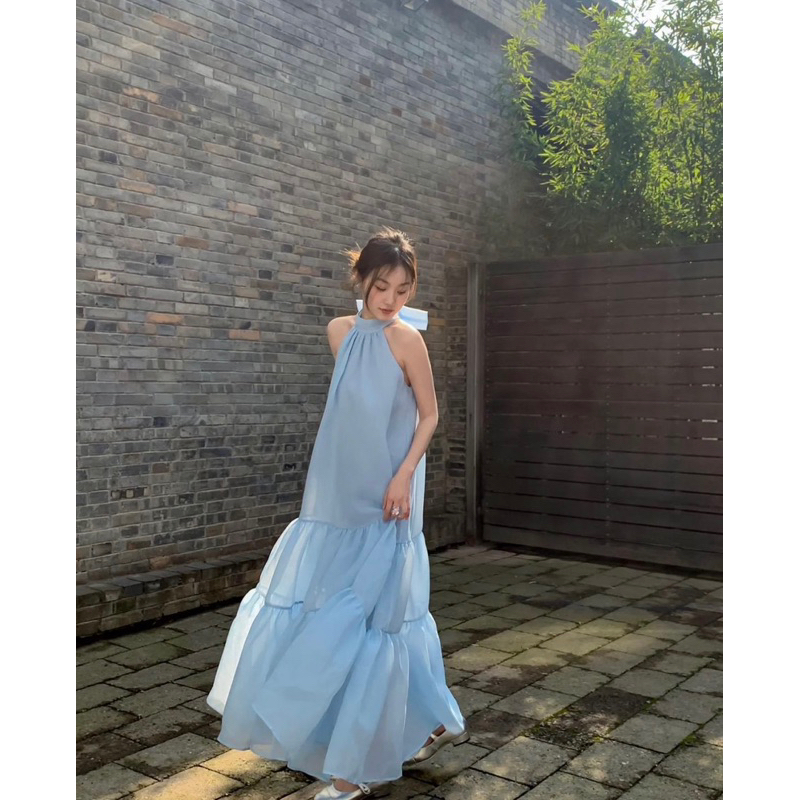 Đầm Tơ Sát Nách Cổ Yếm Hai Lớp Thắt Nơ Mã T147