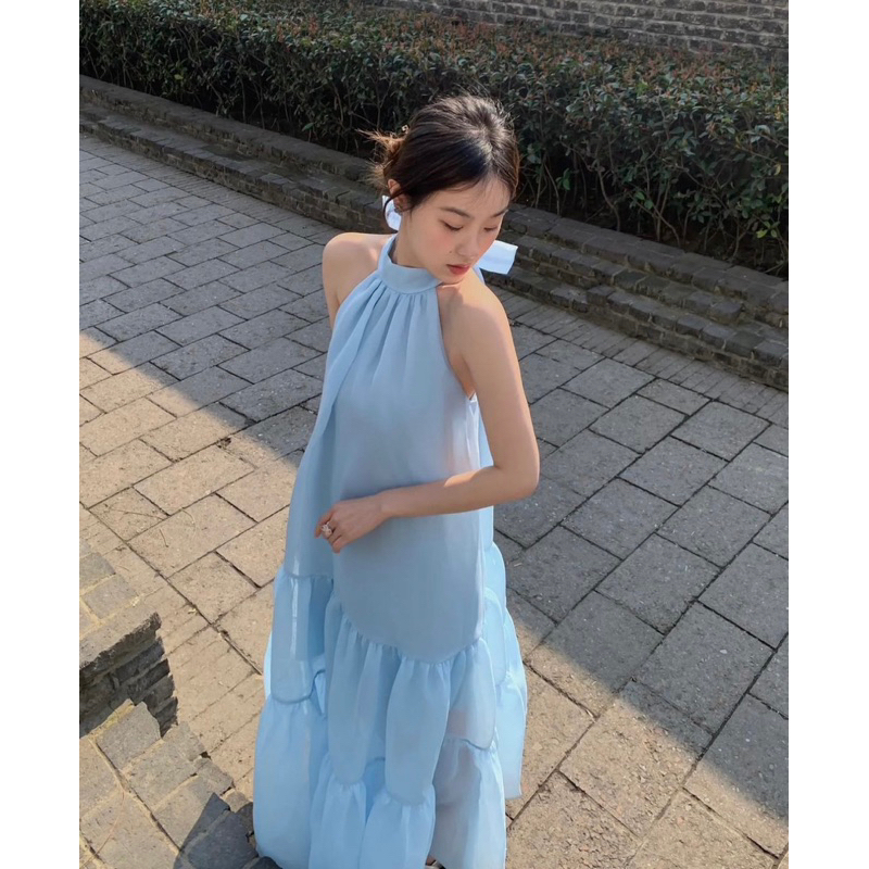 Đầm Tơ Sát Nách Cổ Yếm Hai Lớp Thắt Nơ Mã T147