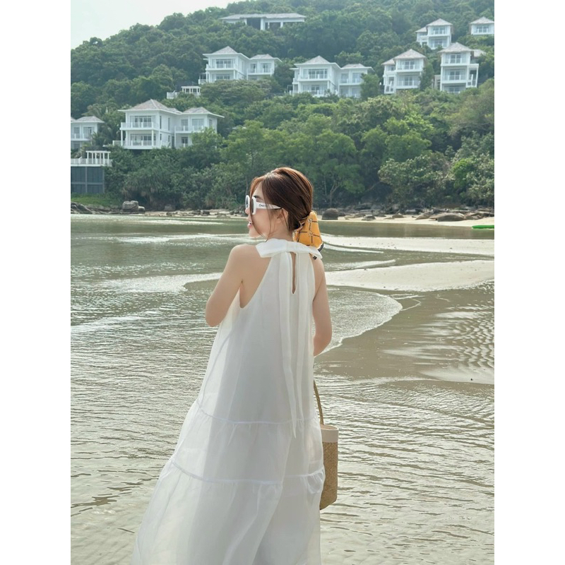 Đầm Tơ Sát Nách Cổ Yếm Hai Lớp Thắt Nơ Mã T147