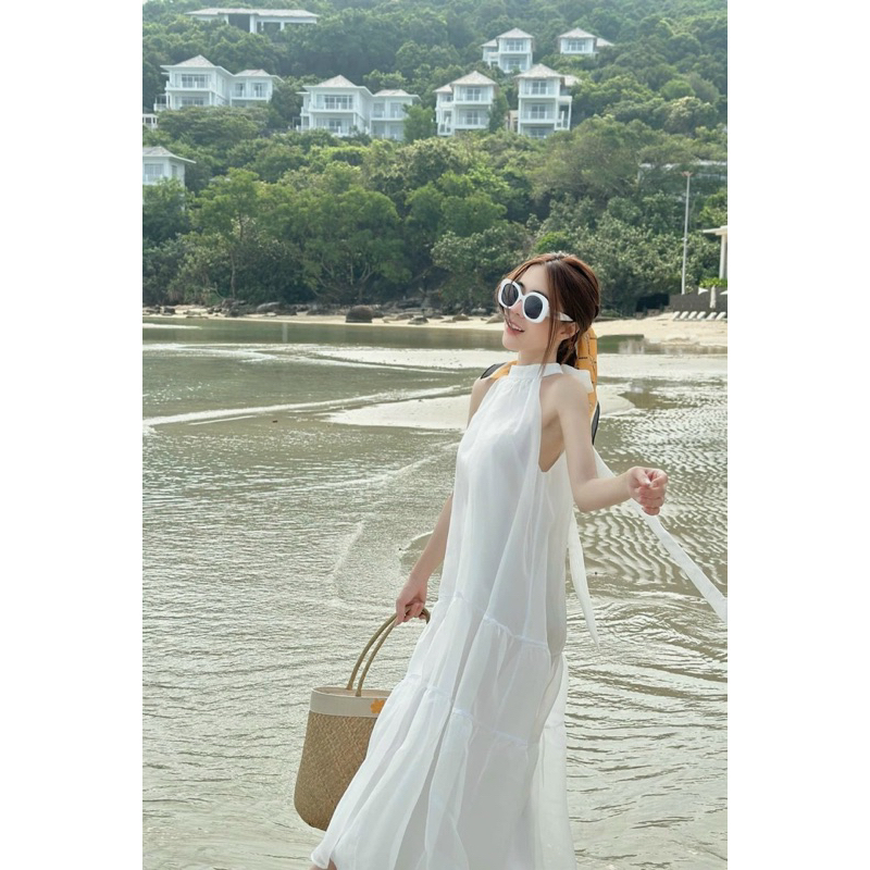 Đầm Tơ Sát Nách Cổ Yếm Hai Lớp Thắt Nơ Mã T147