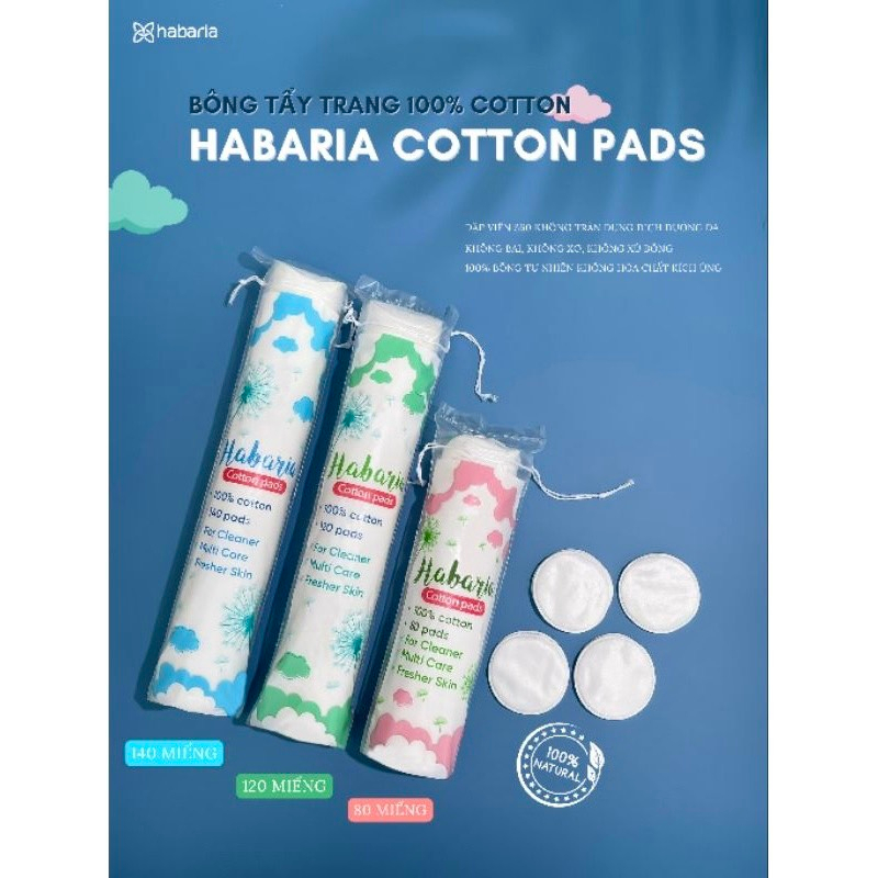 (Dập viền,mịn) Bông tẩy trang Habaria 120 miếng Cotton Pads dạng tròn 100% cotton