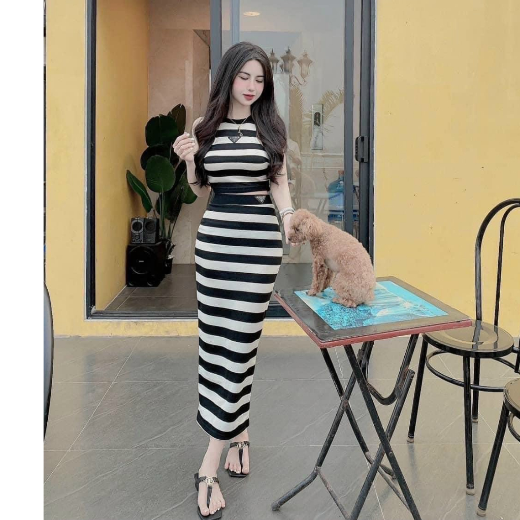 Set đầm váy body nữ áo ba lỗ croptop mix chân váy ôm dài họa tiết sọc ngang sang chảnh dành cho các nàng đi chơi, hẹn ho