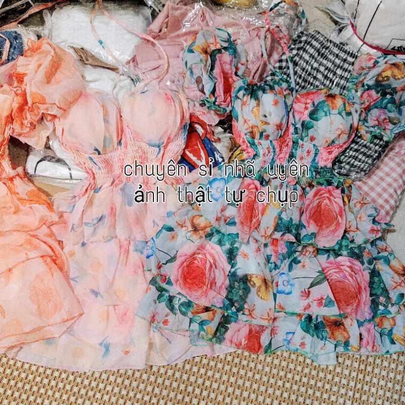 Váy hoa cúp ngực tay bồng có quần siêu xinh ( hình thật)