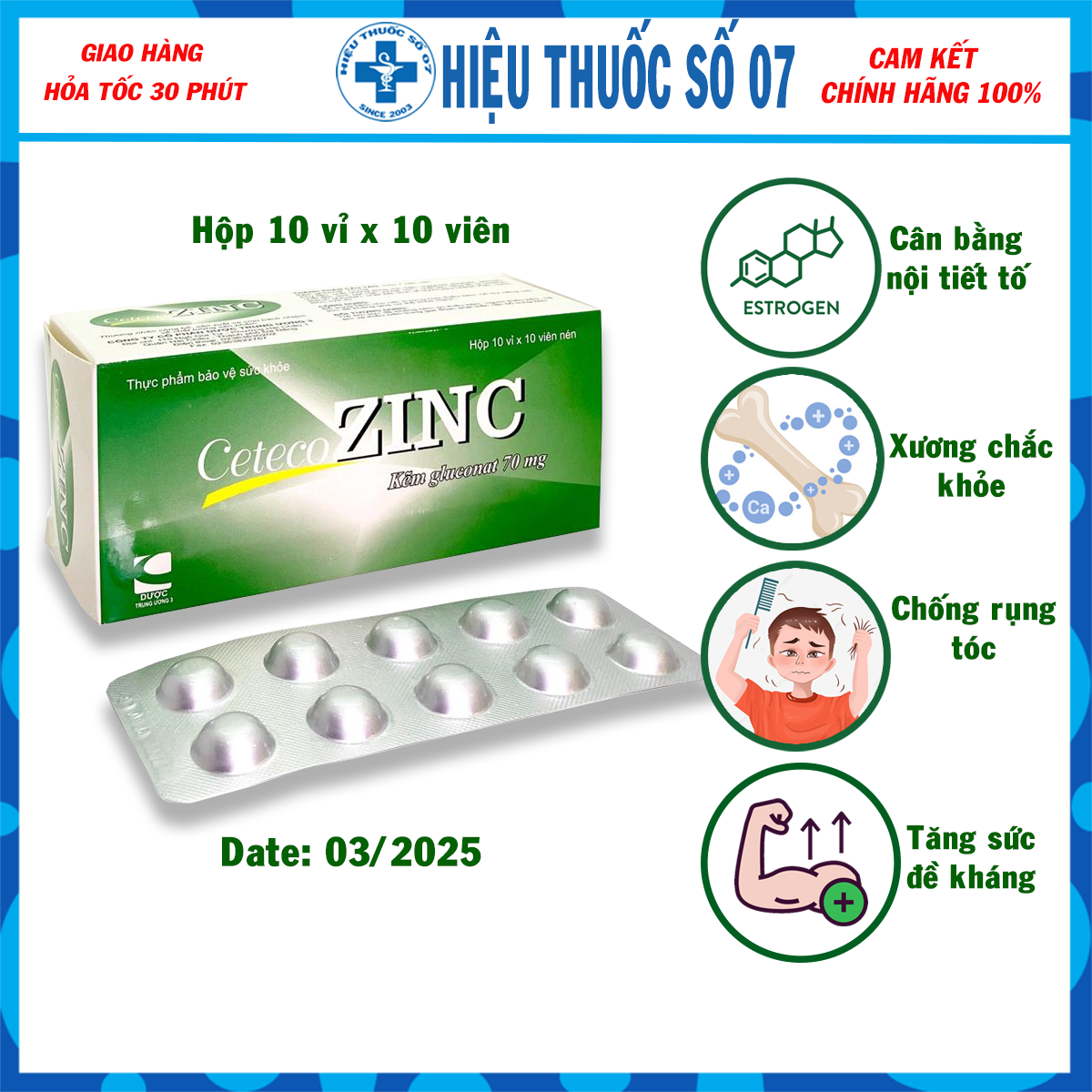 Kích mọc tóc, Thực phẩm chức năng, Kẽm cho bé, kẽm Zinc gluconate 70mg (Set 10 vỉ x 10 viên)