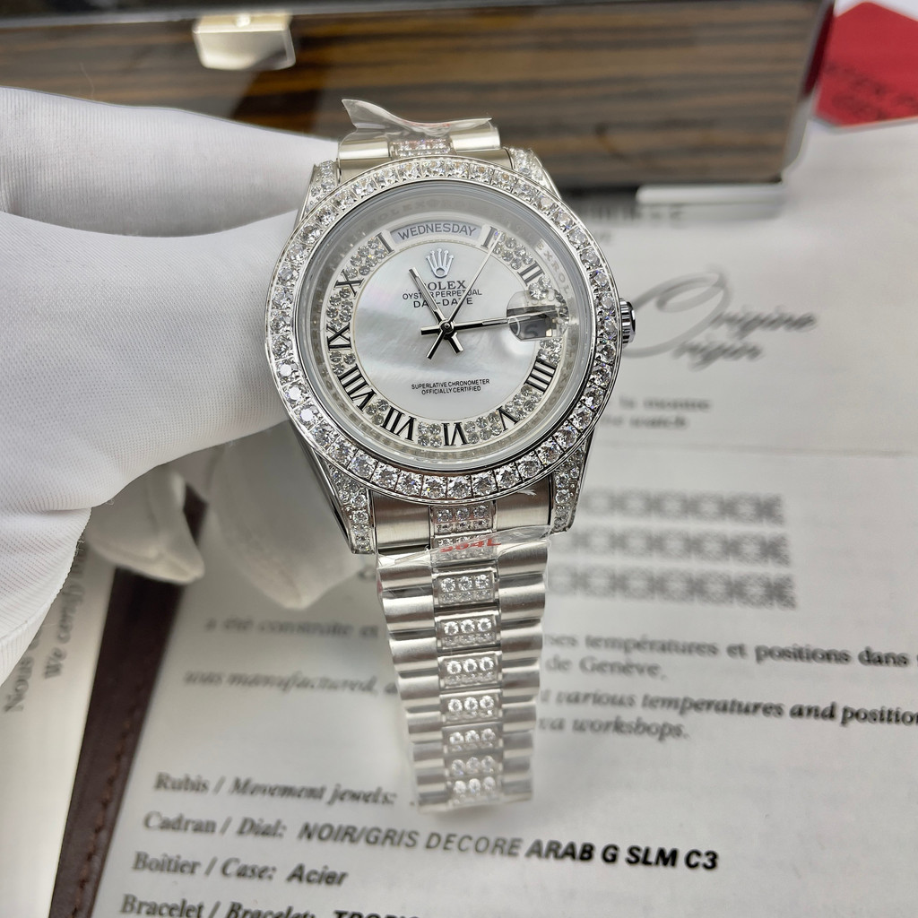 Đồng Hồ Nam RoLex Day-Date Sapphire RA35 Full đá La Mã Máy cơ Automatic Nhật