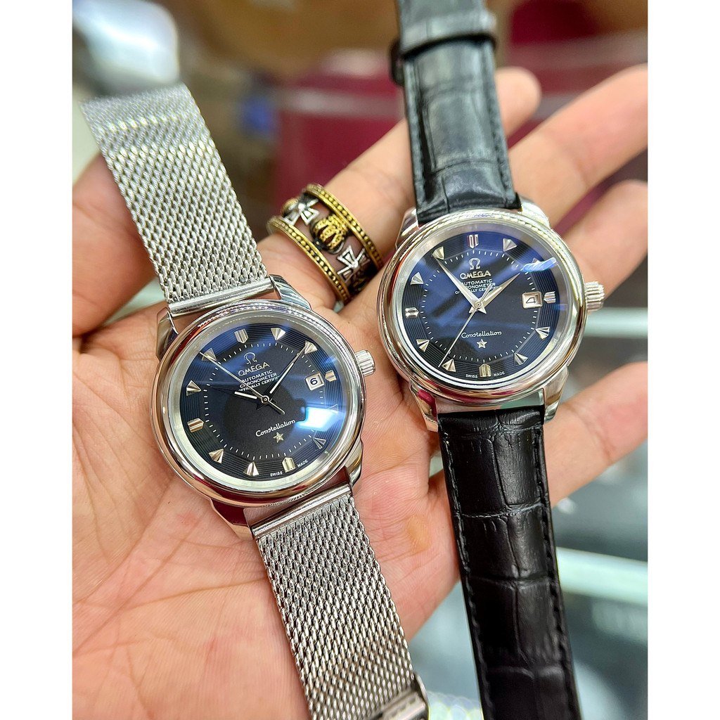 Đồng hồ Nam OMG dây da cơ 3kim size 38-39mm vỏ trắng mặt đen