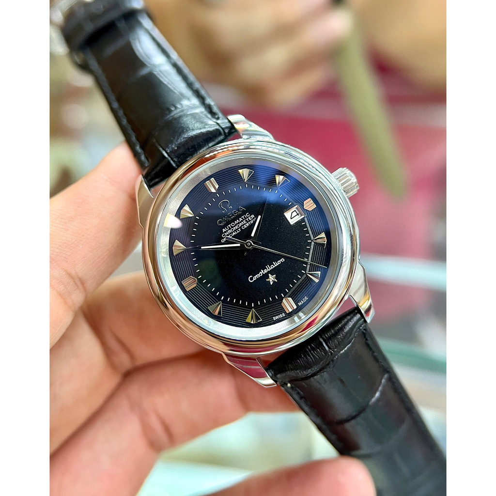 Đồng hồ Nam OMG dây da cơ 3kim size 38-39mm vỏ trắng mặt đen