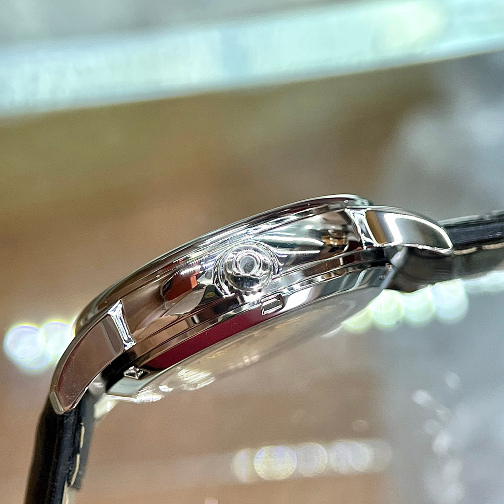 Đồng hồ Nam OMG dây da cơ 3kim size 38-39mm vỏ trắng mặt đen