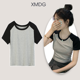 Áo thun ngắn tay phối đen xám eo cộc form ôm, áo croptop nữ, thời trang nữ basic giá rẻ