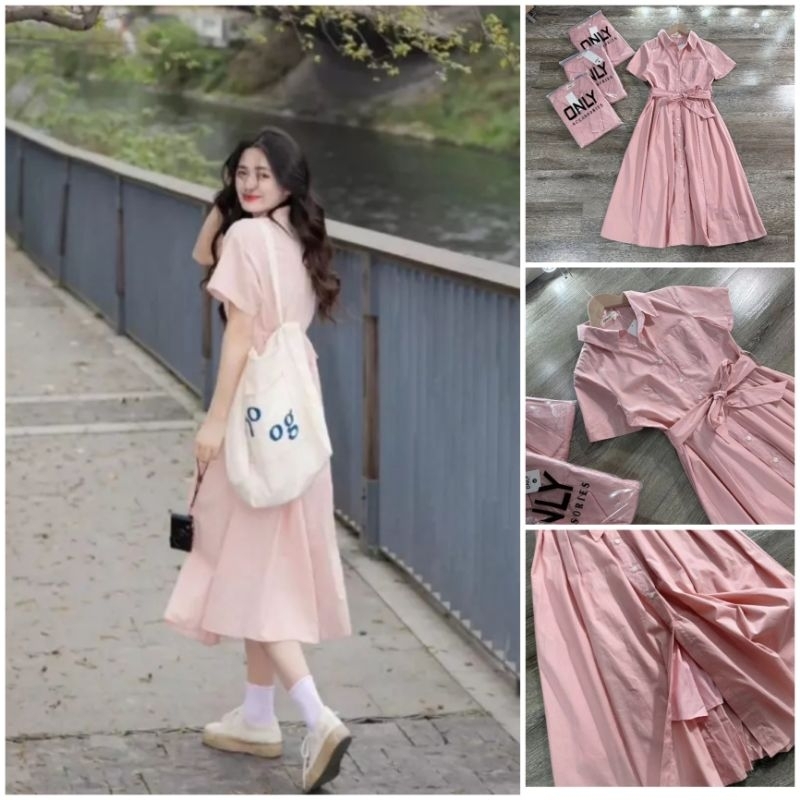 Váy ONLY cổ sơ mi kèm đai màu hồng pastel vải thô mềm siêu đẹp, đứng form
