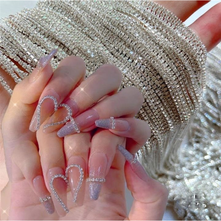 Dây xích kim loại đính đá 3D long lanh sang trọng trang trí móng, phụ kiên nail