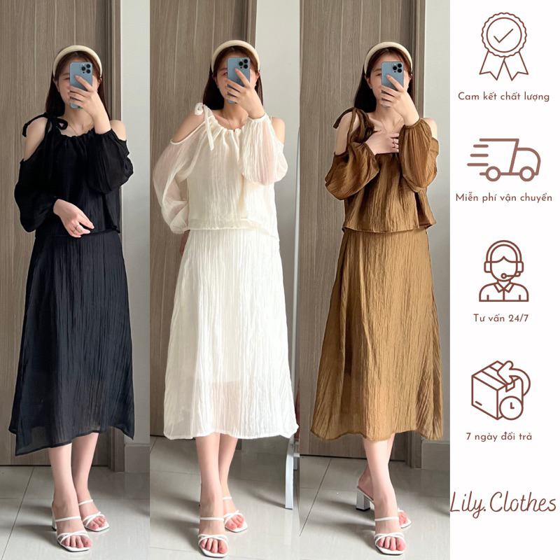 Set voan tơ cổ yếm xẻ vai kèm chân váy dài có lót
