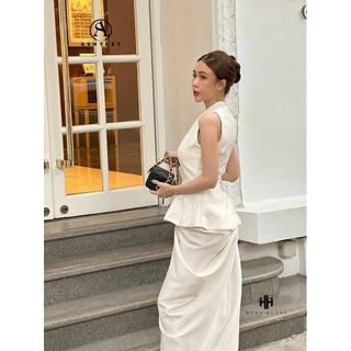SET TAFTA YẾM CHÂN VÁY DÀI XẺ TÀ A.S.H.Y.L.E.Y (còn Trắng kem / size M)