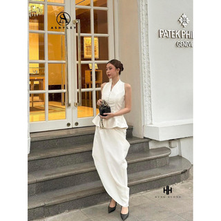 SET TAFTA YẾM CHÂN VÁY DÀI XẺ TÀ A.S.H.Y.L.E.Y (còn Trắng kem / size M)