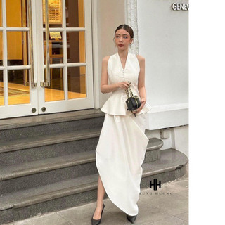 SET TAFTA YẾM CHÂN VÁY DÀI XẺ TÀ A.S.H.Y.L.E.Y (còn Trắng kem / size M)