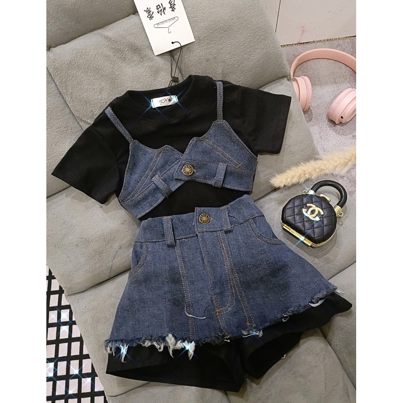 Sét phối yếm jean cho bé gái 7-41kg