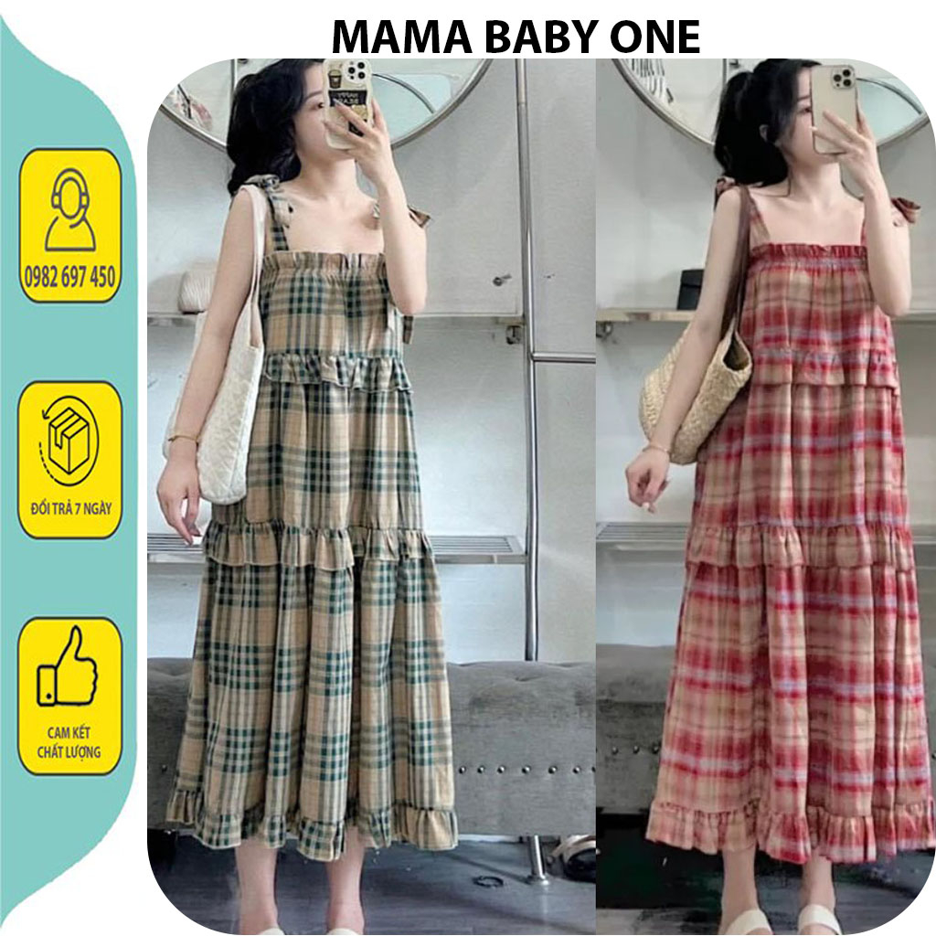 VÁY ĐẦM BẦU KẺ CARO MÙA HÈ THOÁNG MÁT-ĐẦM BẦU THIẾT KỂ KẺ ĐỎ 2 DÂY BUỘC NƠ VAI VINTAGE ĐI BIỂN ĐI CHƠI.