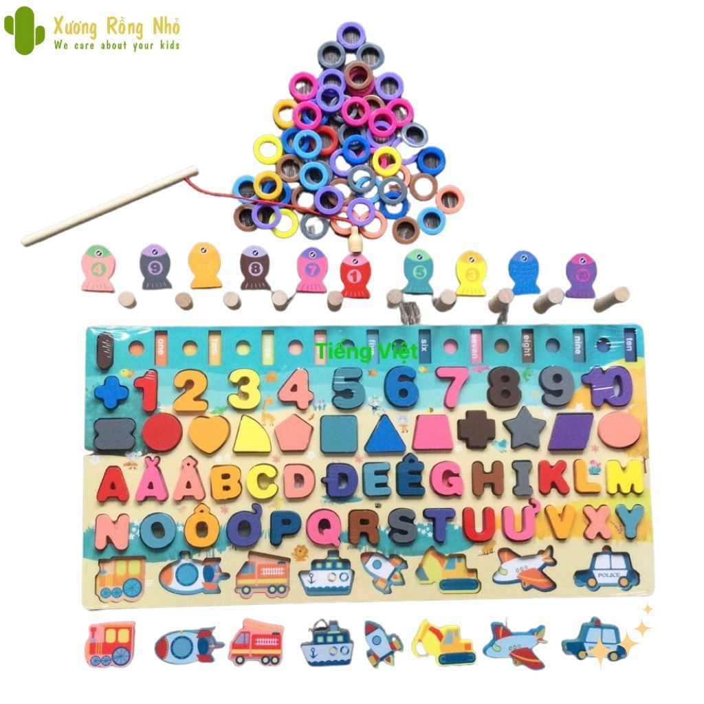 Đồ chơi Câu cá gỗ đa năng 6in1, bảng chữ cái và ghép số học chữ số cho bé Xương Rồng Nhỏ