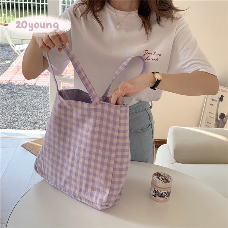 20YOUNG - Túi tote tím 2 mặt caro/trơn