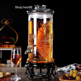Bình ngâm rượu thủy tinh 8 lít dáng trụ hoa văn rồng - Có van & không van