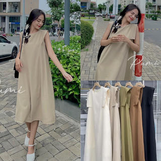 Đầm suông sát nách cánh thuyền chất đũi vân cổ tròn có nút gài sau 5 màu freesize Pumi 14556