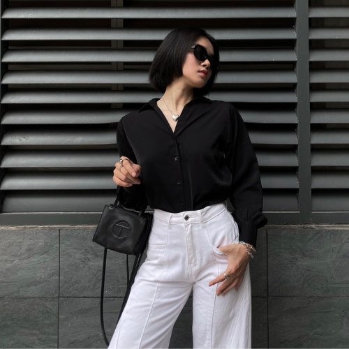 Meline Shirt - Áo sơ mi cổ V hiện đại, vải lụa mango màu trắng và đen