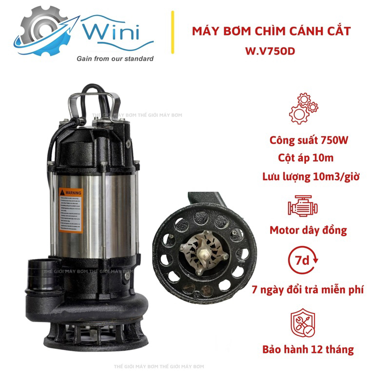 Máy bơm chìm nước thải cắt rác 750W  Thân inox 304 Wini W.V750D - Bảo hành 1 năm