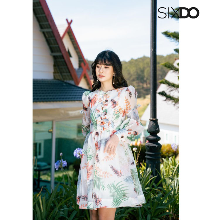 Đầm hoa mini phối nơ ngực tay bồng xinh xắn SIXDO (Off-white Palm Bishop Sleeves Mini Dress)